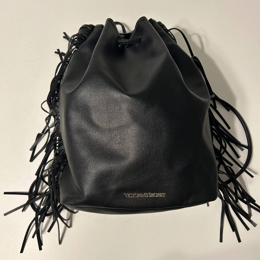Victorias Secret Purse Black Fringe Backpack Cinch‎ Bag Festival Western Biker - Picture 2 of 6